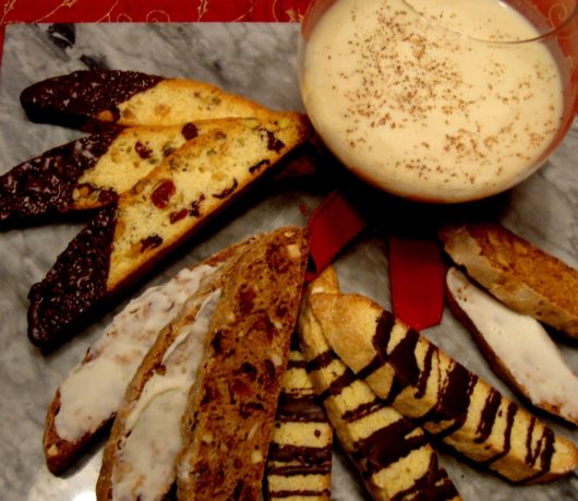 Left to Right, Left to Right, counter-clockwise: Christmas Biscotti Berry Almond Biscotti, before and after chocolate dipping Chocolate Drizzled Lemon and Almond Biscotti Ginger-White Chocolate Biscotti