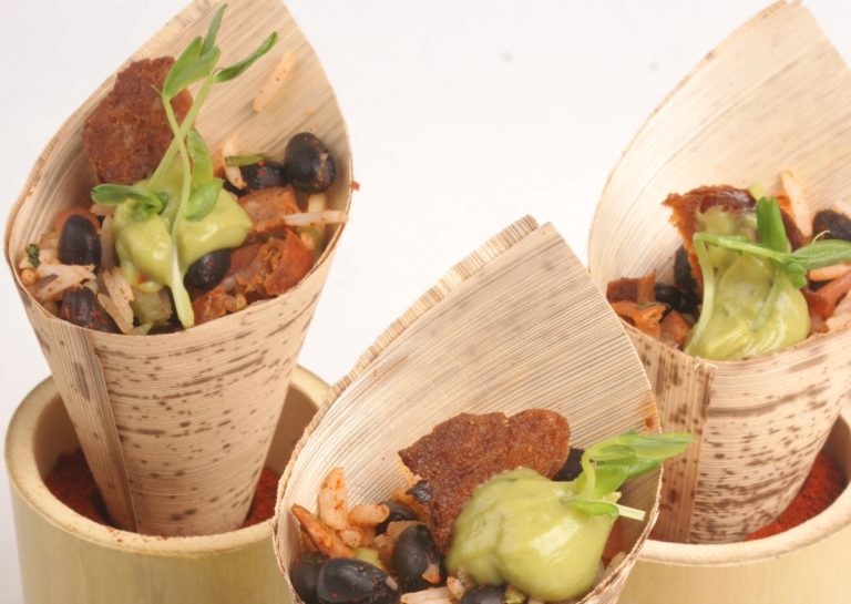 Grilled Chorizo, Black Bean & Rice Cone topped with Avocado Mousse & Chorizo Crisp