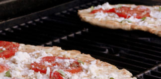 pizza grilling on grill. tomato basil pizza recipe