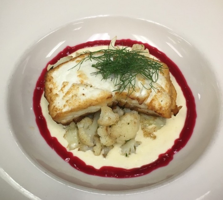 Salt Creek Grille’s Halibut with Beet Juice and Horseradish Cream