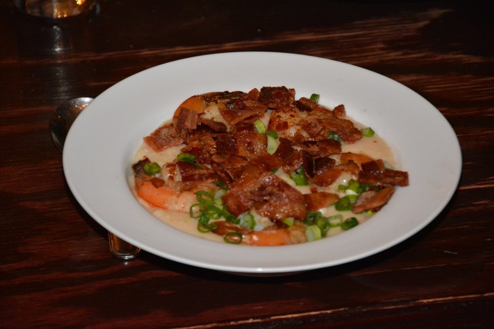 Shrimp and grits (note the abundant bacon topping)