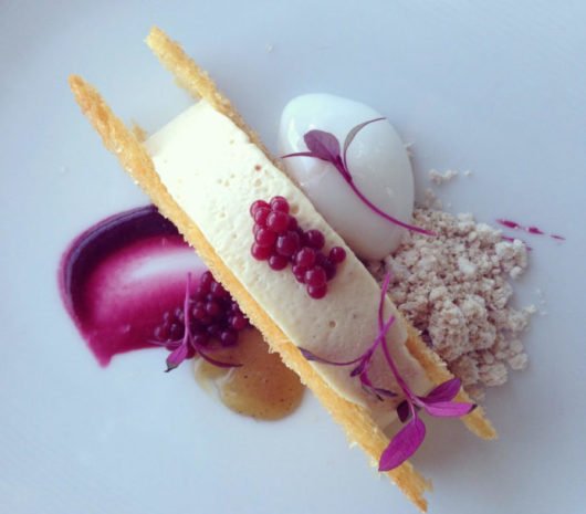 Peanut butter semifreddo, Concord grape gelee and pearls, Moscato foam, caramel, and toasted brioche slices to complete the 'sandwich'