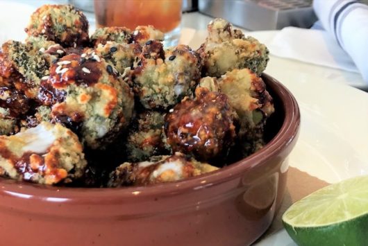 Tempura Broccoli Korean BBQ, sesame and coconut cream 