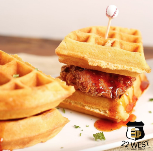 Chicken and Waffles from 22 West Tap and Grill, Julia Mullaney, chicken and waffles, International Waffle Day, Jersey Bites