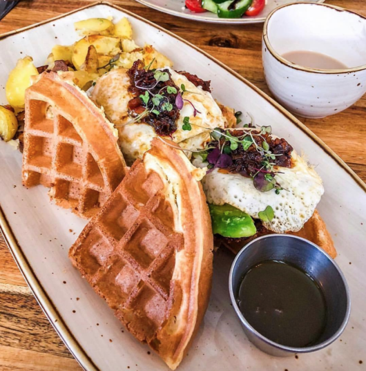 Chicken and Waffles from Hatch 44 Cafe, Julia Mullaney, chicken and waffles, International Waffle Day, Jersey Bites