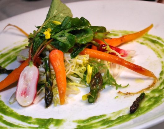 Beets and radish salad with&nbsp;hearts of palm, heirloom carrots and citrus Jalapeño dressing.