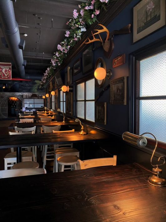 Pub tables and bankers lamps