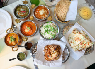 overhead shot of Indian dishes on table