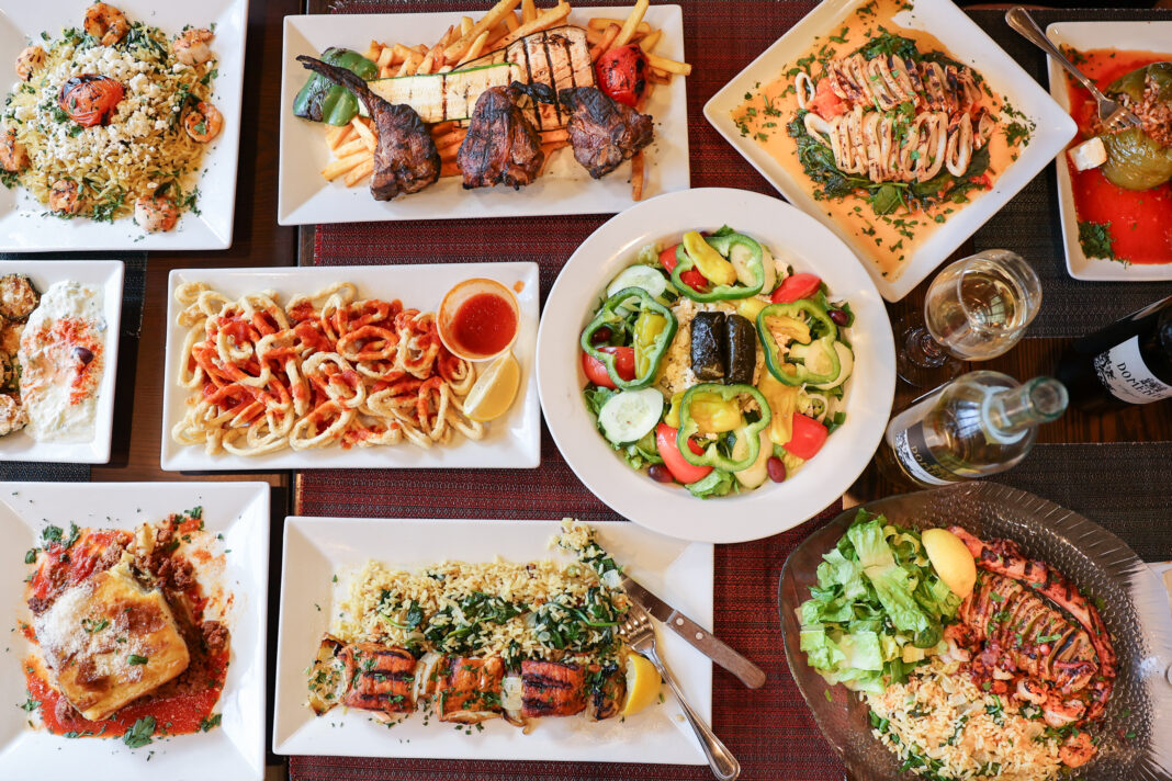table full of Greek food