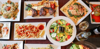 table full of Greek food