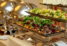 Easter brunch buffet in New Jersey with ham, seafood, pastries and spring desserts