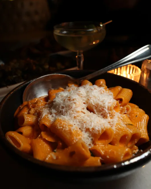 Spicy rigatoni Tony pasta dish at Olea Restaurant Spring Lake NJ