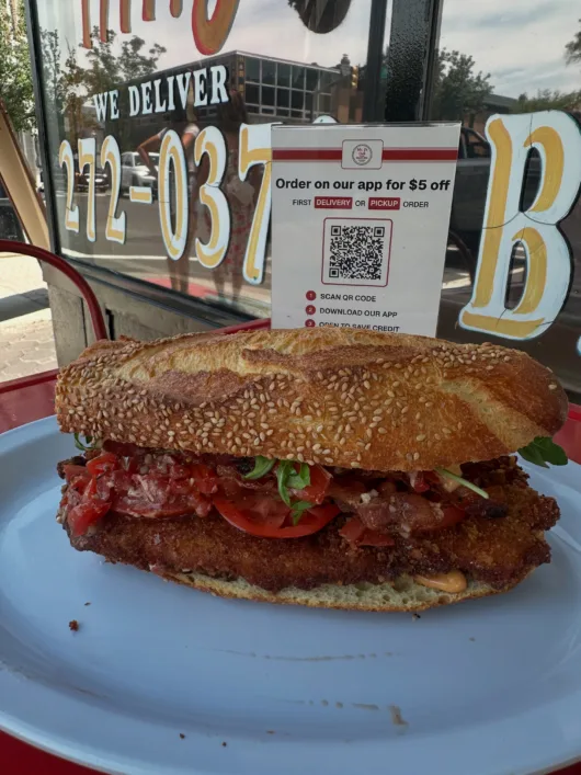 chicken bruschetta sandwich from Mr J’s Deli with grilled chicken, fresh tomatoes, basil, and mozzarella on bread