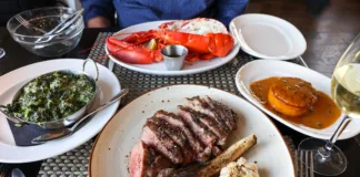 Dry-aged steak dinner spread at Drifthouse in Sea Bright, NJ