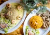 Traditional Puerto Rican mofongo topped with garlic shrimp at Taino's Kitchen in Newark, New Jersey