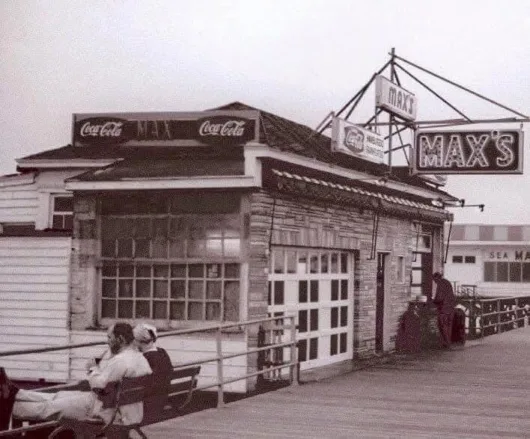 Historic Max's on the Long Branch Boardwalk Historic black-and-white photograph of the original Max's hot dog stand on the Long Branch boardwalk in New Jersey.