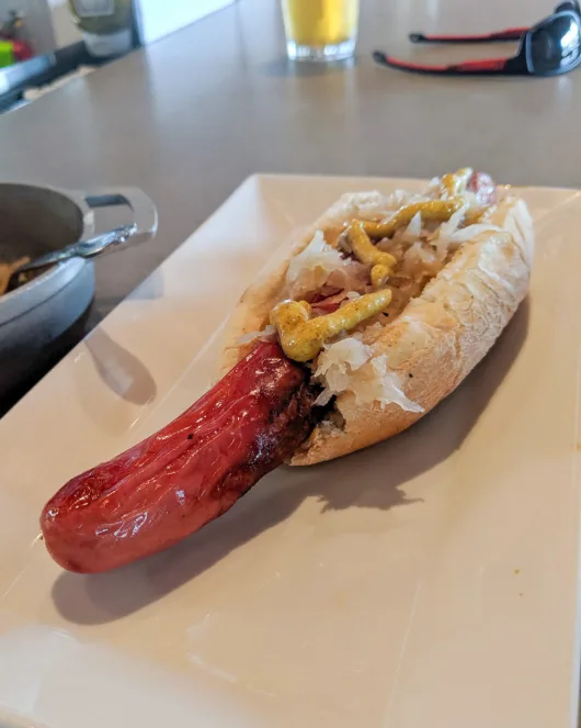 Max's Hot Dog with Mustard and Sauerkraut A grilled Max's hot dog topped with yellow mustard and sauerkraut on a bun at Max's Bar & Grill in Long Branch, New Jersey.