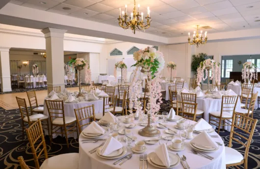 Banquet room set up for a wedding at The Claflin House in Lakewood, New Jersey.