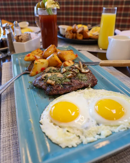 Steak and eggs with an 8-ounce New York strip, breakfast potatoes and toast at Beneci’s D’Italia Cucina in Weehawken, NJ