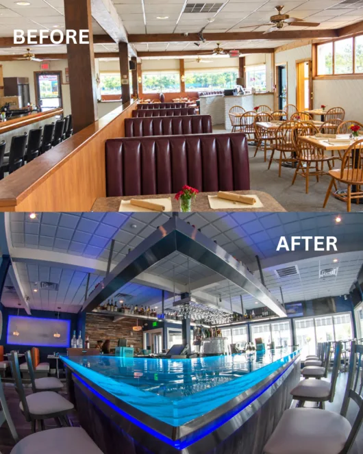 Before and after of Fins Bar & Grille restaurant design transformation in Cape May, New Jersey