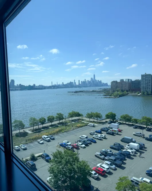 View of Weehawken Cove, Hoboken and the New York City skyline from a guest room at Sheraton Lincoln Harbor Hotel in Weehawken, NJ