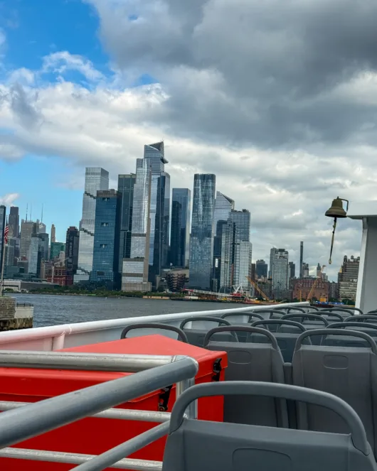 View of the New York City skyline from the NY Waterway ferry traveling across the Hudson River from Weehawken, New Jersey