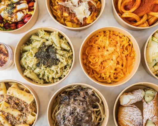 Bowls of fresh, made-to-order pasta at Pronto Pasta in Hoboken, New Jersey.